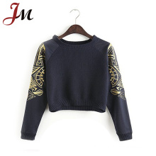 Custom make fashion ladies knitted sweater blouse trendy girls long sleeve knit crop top with aztec gold embroidery